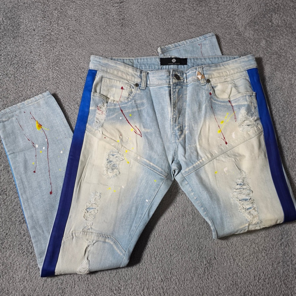 Focus Jeans Mens 38x34 Distress Paint Splatter Blue Side Stripe Light Moto Y2K